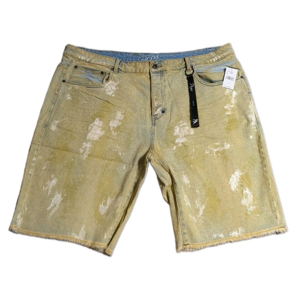 PRPS Challenger Denim Shorts Mens 44 Beige Paint Distressed Straight Leg NWT